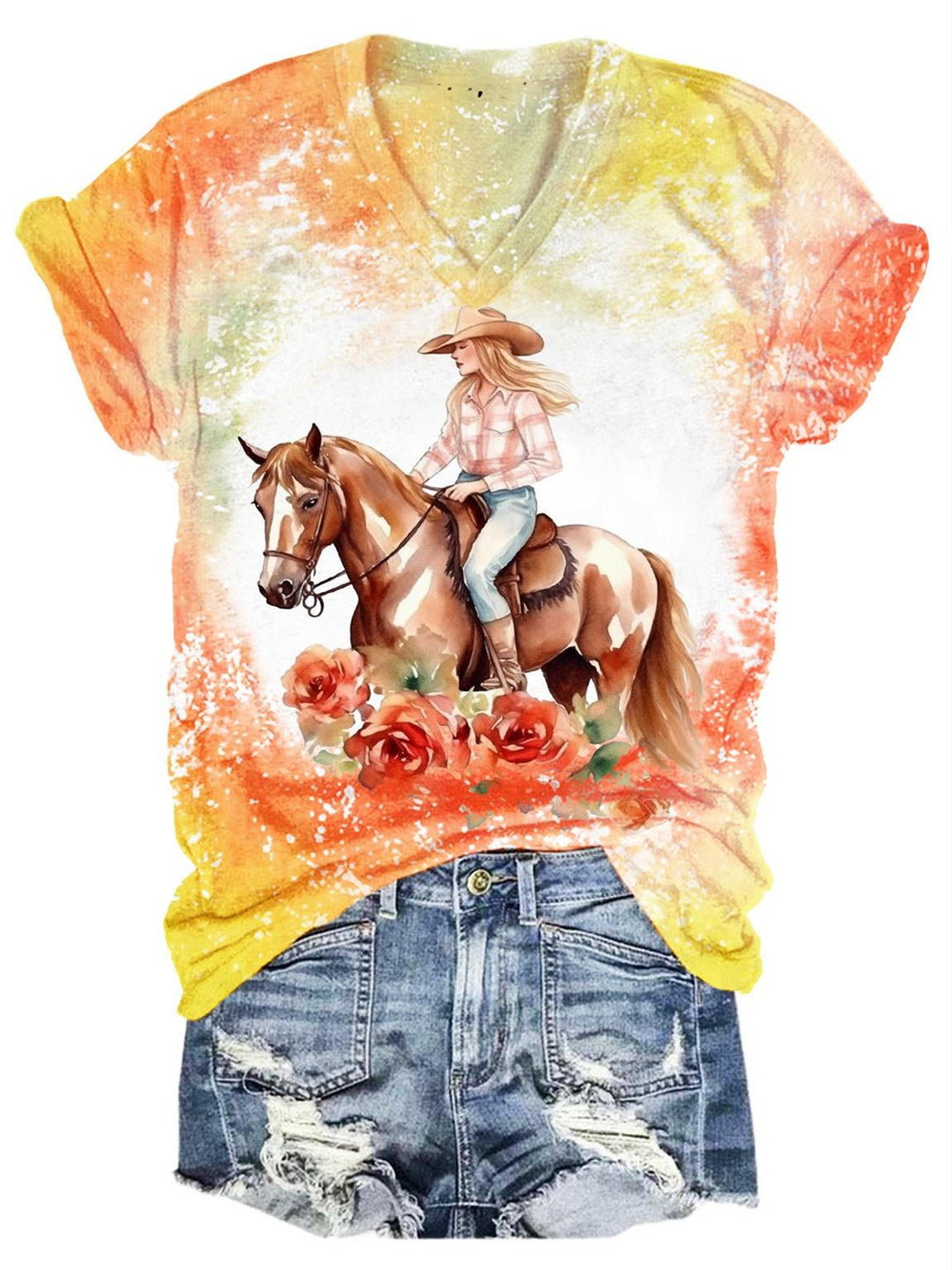 Cowgirl Horse Print V-Neck T-Shirt