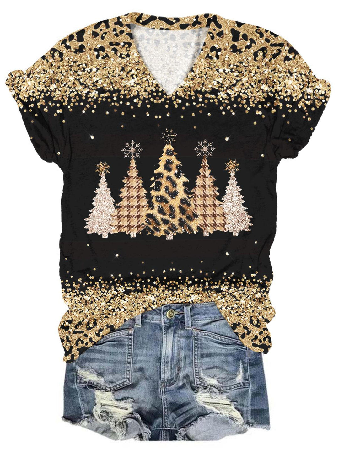 Women's Leopard Christmas Tree Print Top