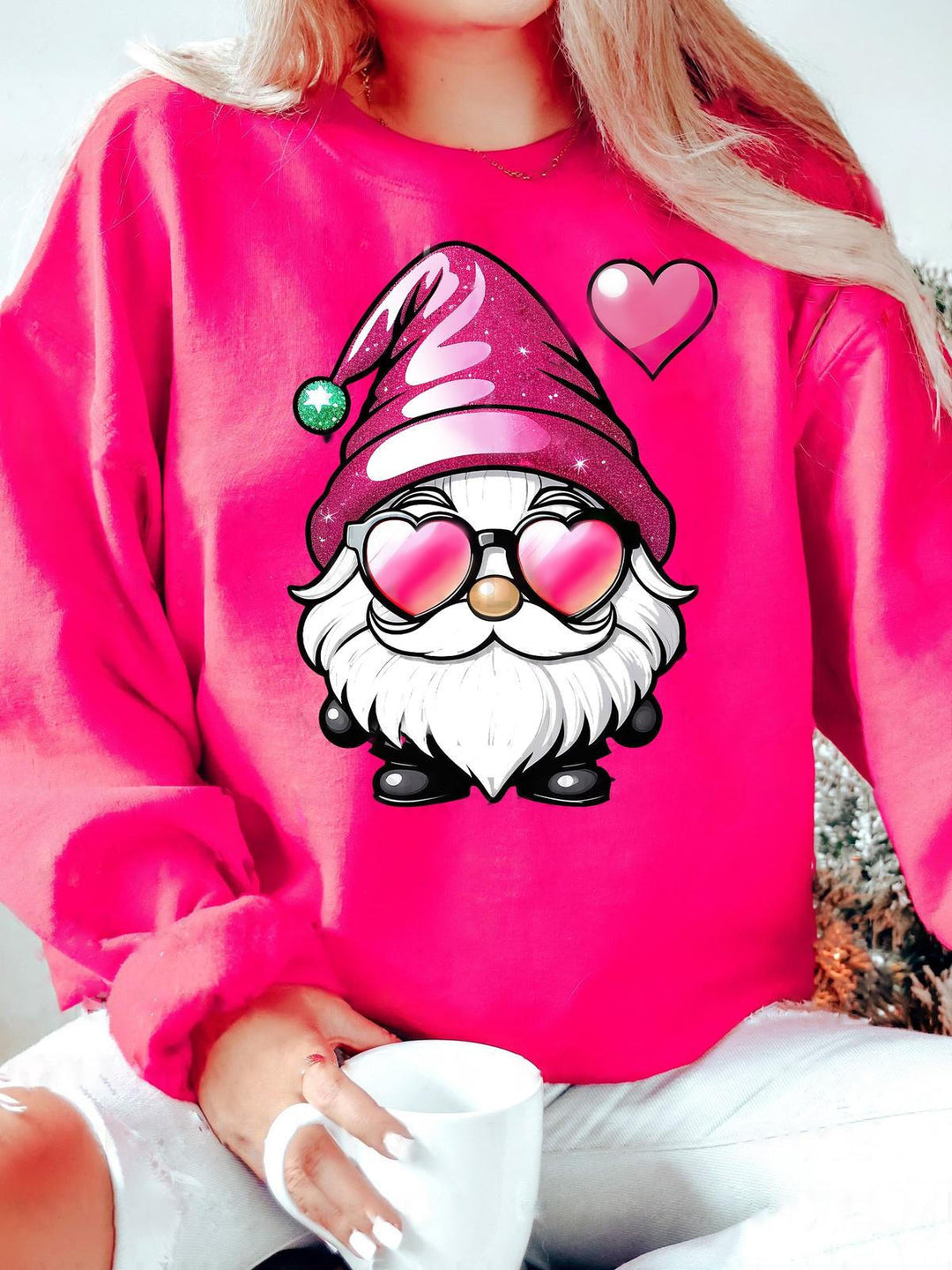 Pink Gnome Heart Sunglasses Round Neck Long Sleeve Top