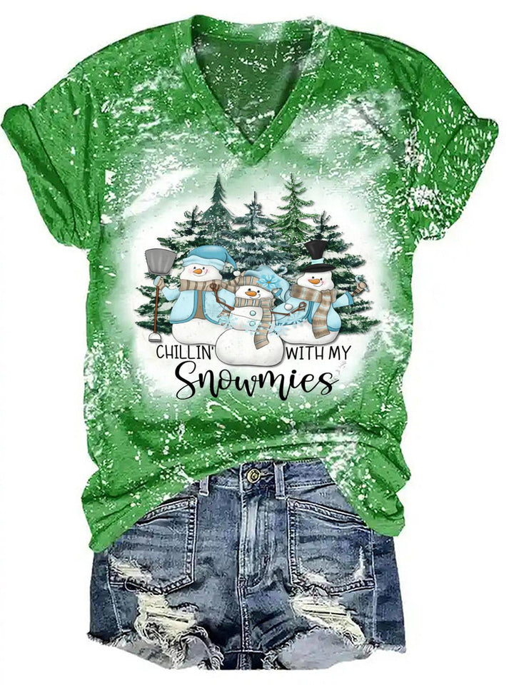 Christmas Snowman Print V-Neck T-Shirt