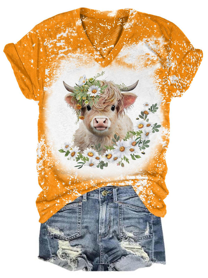 Daisy Highland Cow Tie Dye V Neck T-Shirt