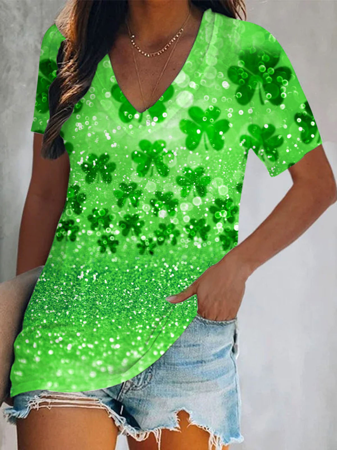 St. Patrick's Day Clover Print Short Sleeve V Neck Print Top