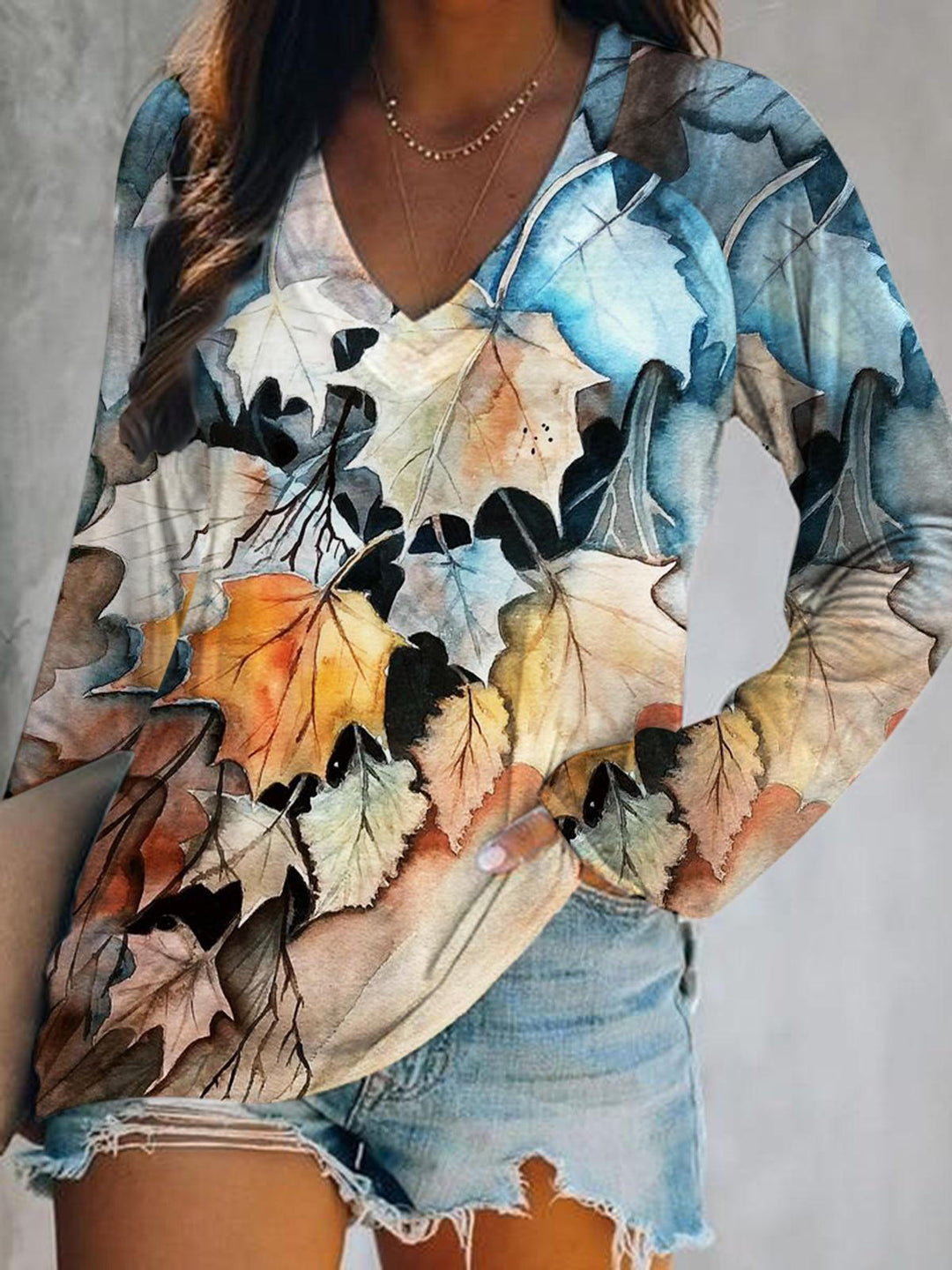 Women's Maple Leaf Print V-Neck Top