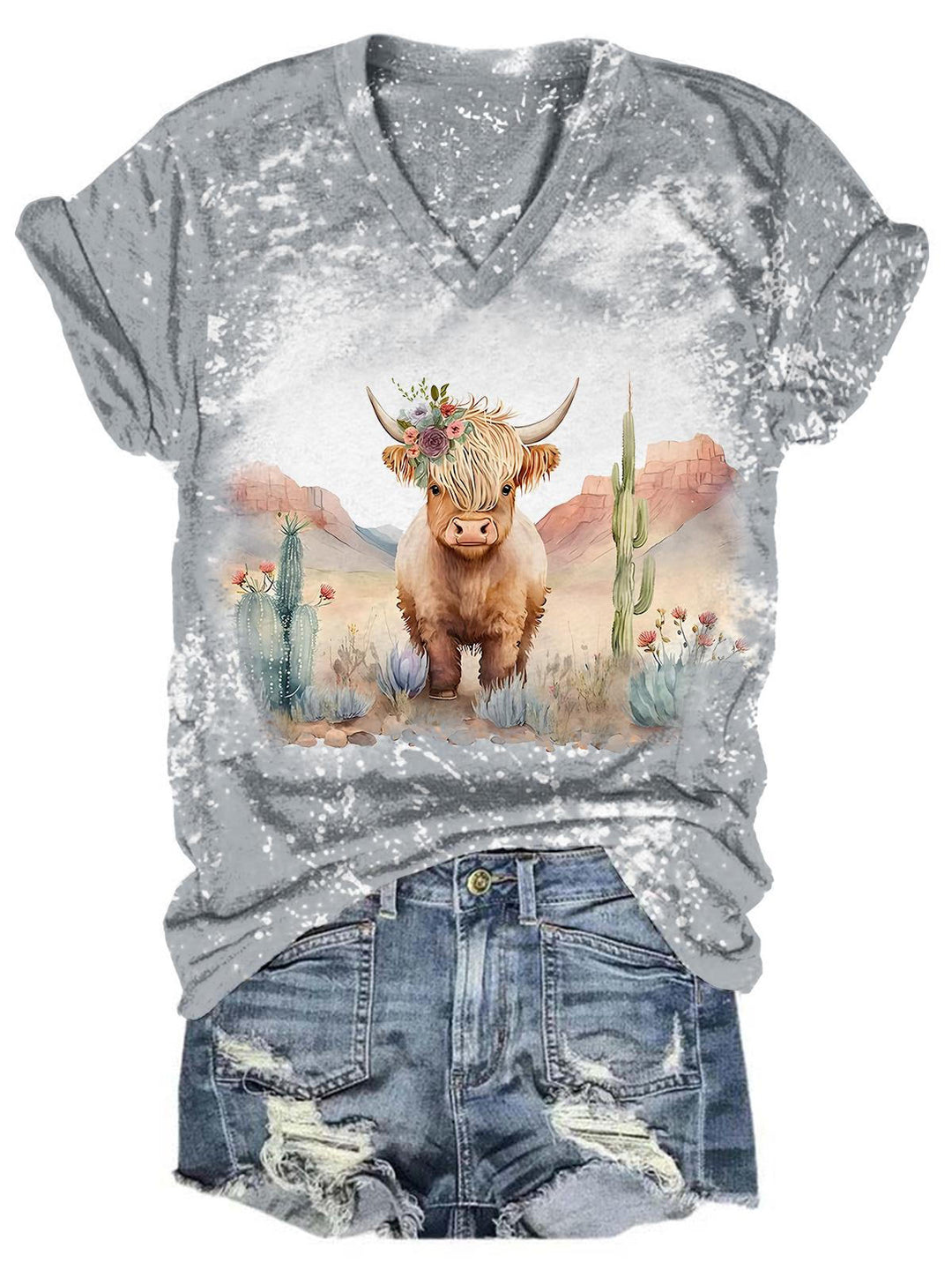 Western Highland Cow Print Tie Dye V Neck T-Shirt