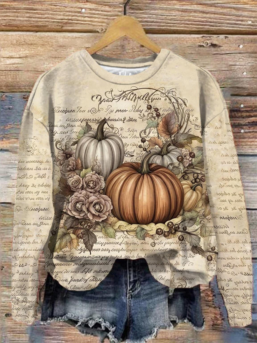 Women's Retro Pumpkin Print Crew Neck Long Sleeve Top