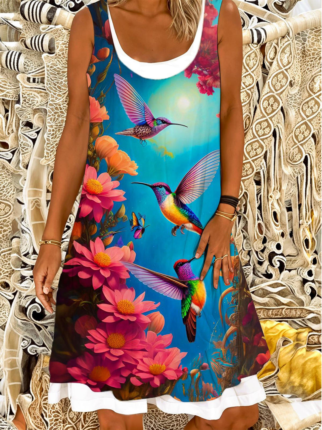 Hummingbirds Flower Tree Ladies False Two Dress