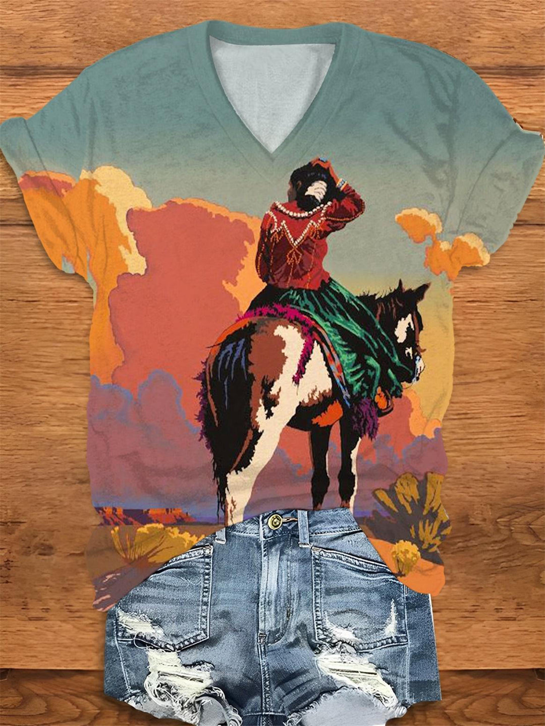 Vintage Western Print V-Neck T-Shirt