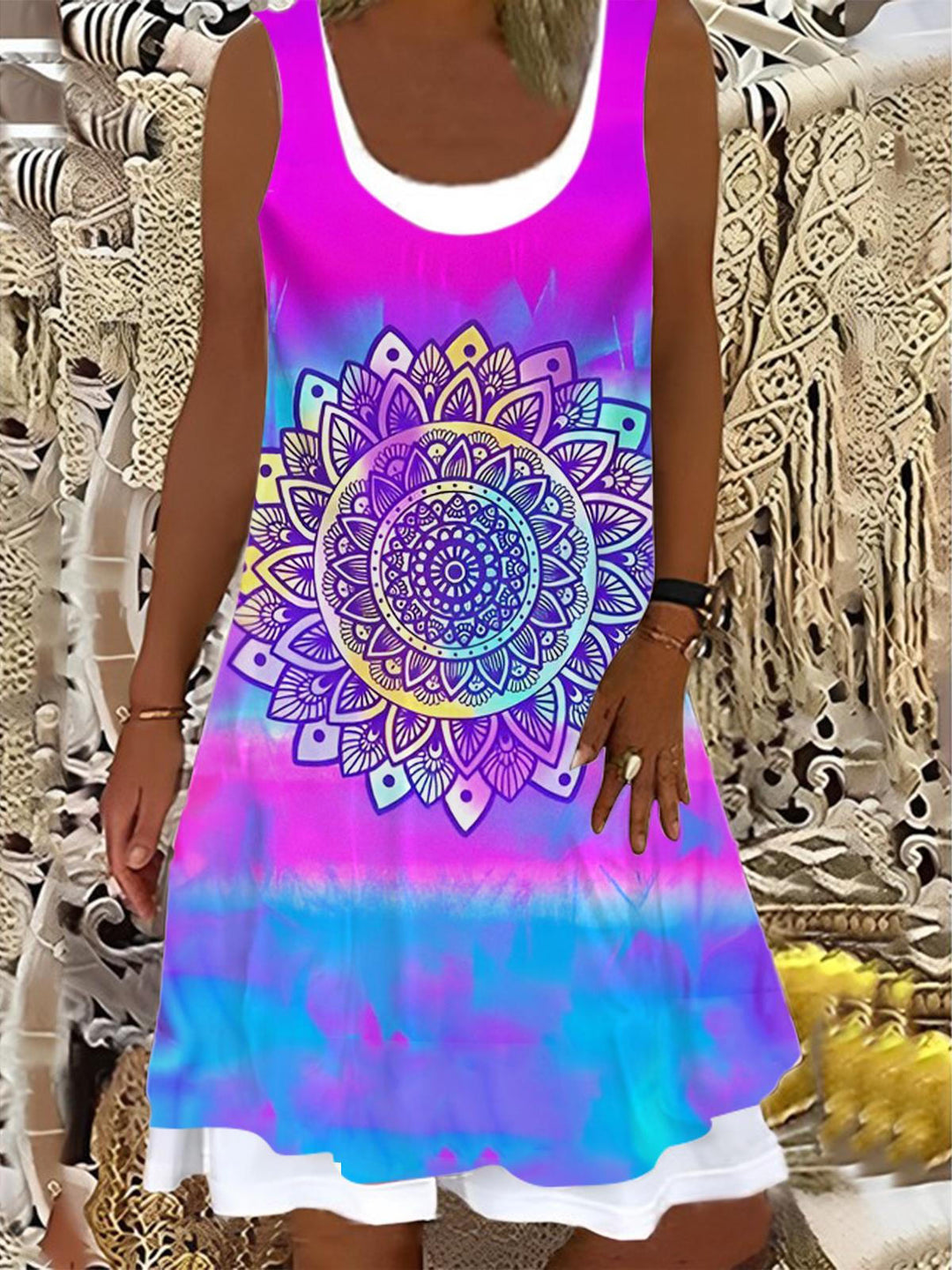 Ladies Mandala Print False Two Dress