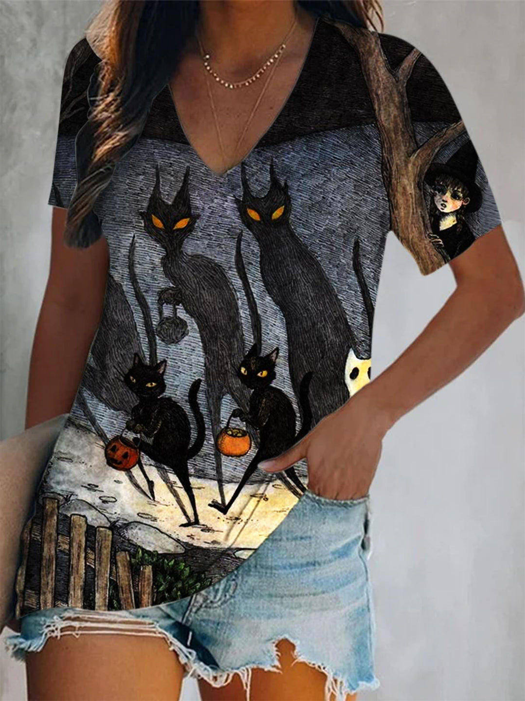 Funny Halloween Print V Neck T-shirt