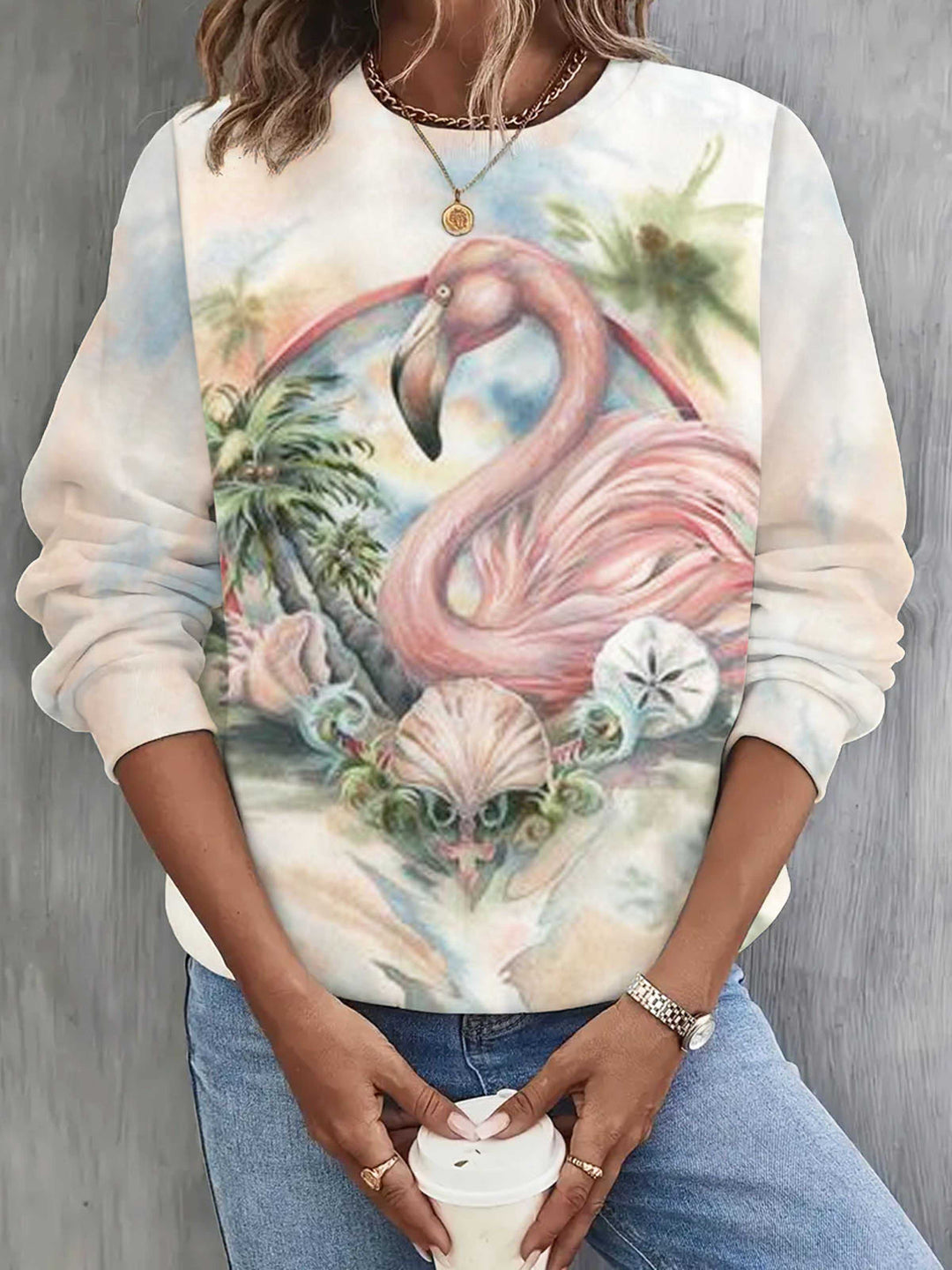 Women's Flamingo Crew Neck Long Sleeve Top