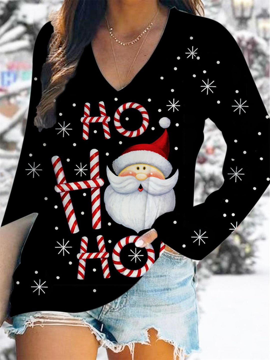 Santa Hohoho Print V-Neck Long Sleeve T-Shirt