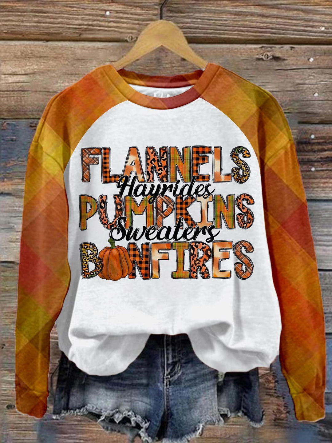 Flannels Hayrides Pumpkins  Bonfires Long Sleeve Casaul Top