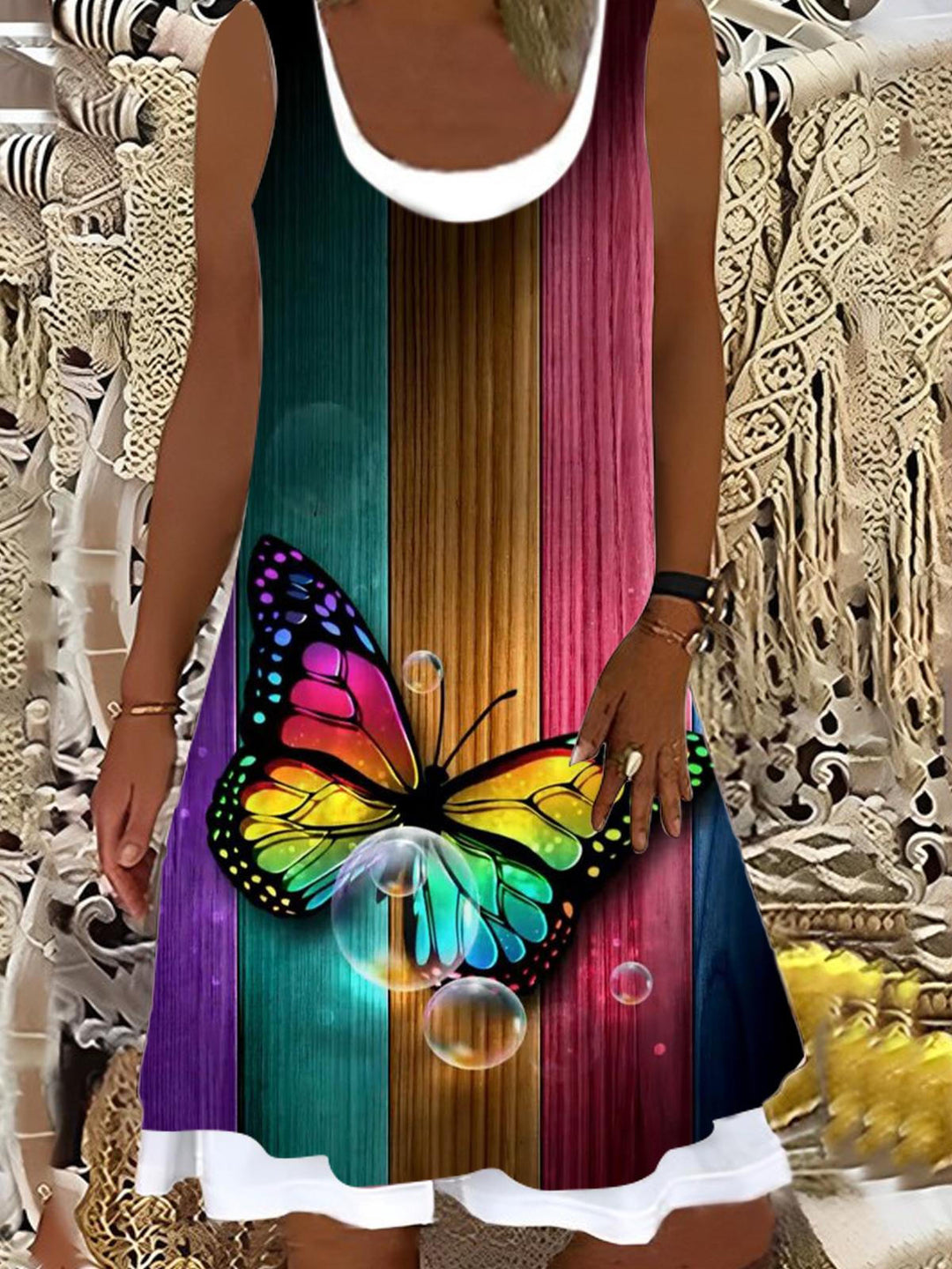 Butterfly Gradient Color Block Print Ladies False Two Dress