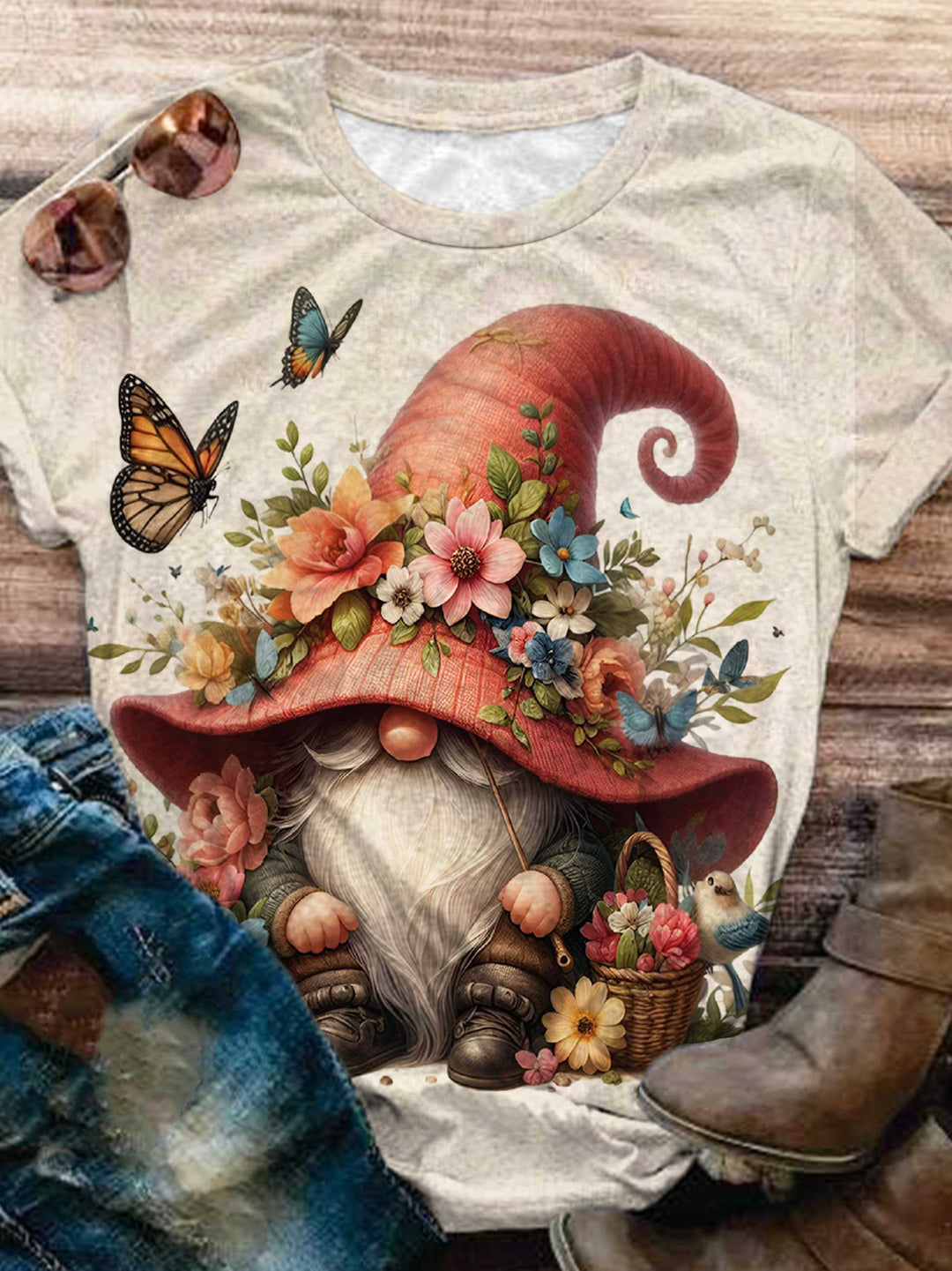 Garden Flower Vintage Gnome Print Crew Neck T-Shirt