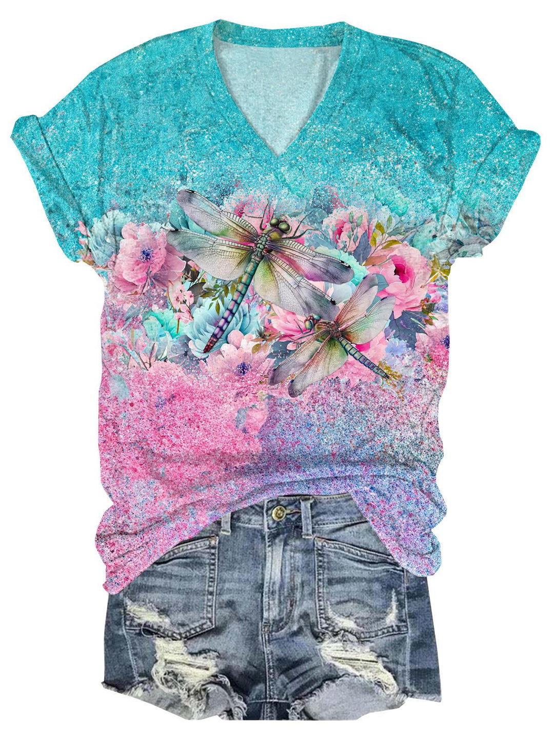 Dragonfly Flower V-Neck Short Sleeve T-Shirt