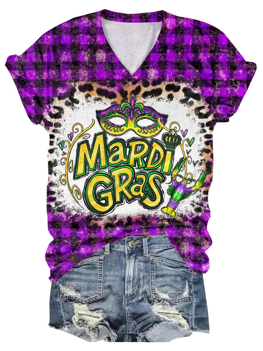 Women's Mardi Gras Print V-Neck Short Sleeve T-Shirt
