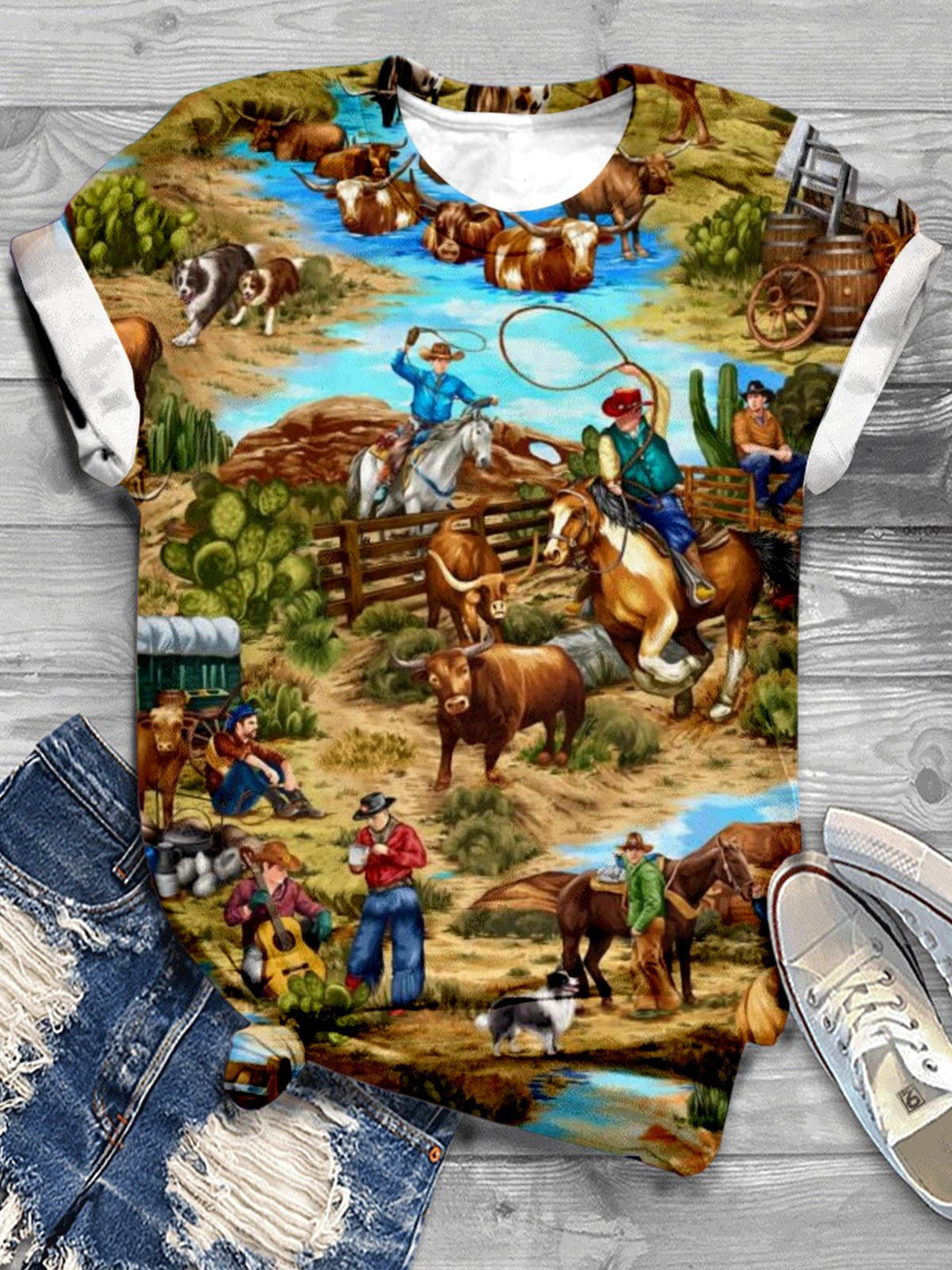 Cowboy Print Western Casual T-shirt