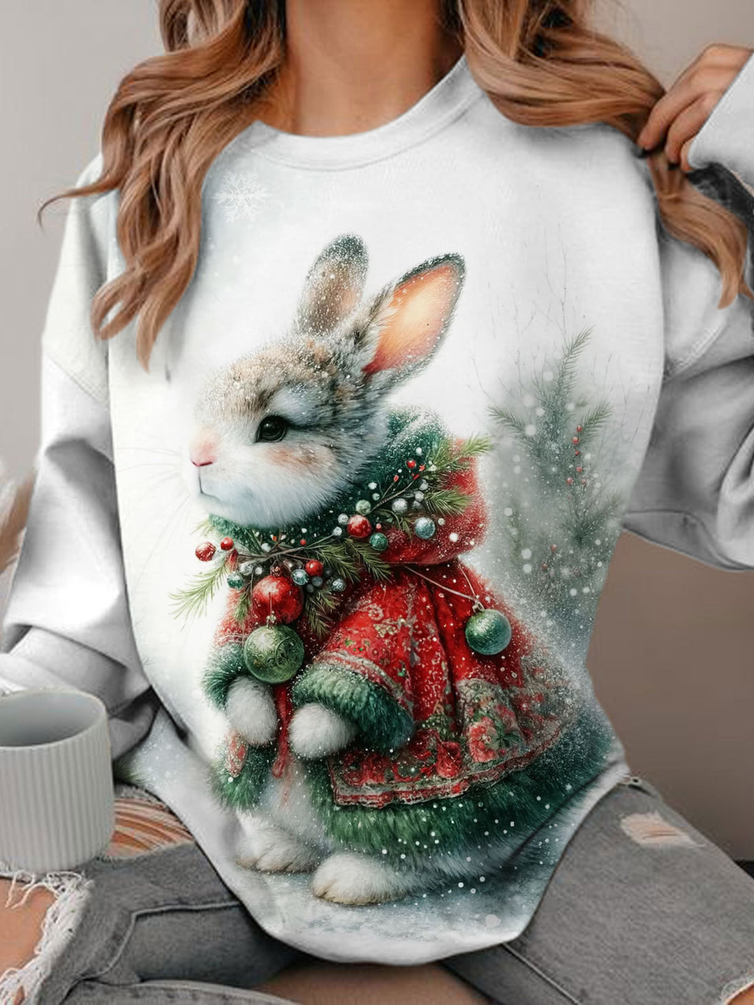 Women's Winter Bunny Print Long Sleeve Top
