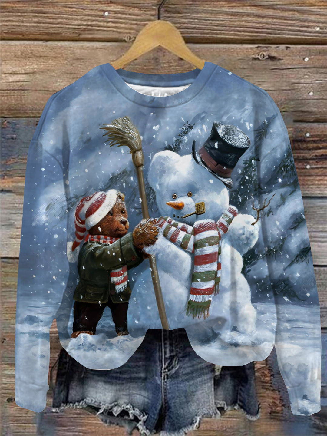 Snowman And Bear Print Round Neck Long Sleeve Top