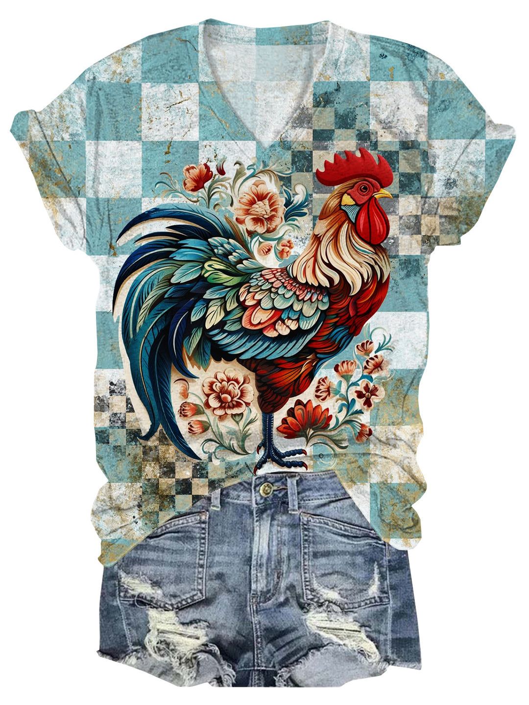 Chicken Checkerboard Flower V-Neck Short Sleeve T-Shirt