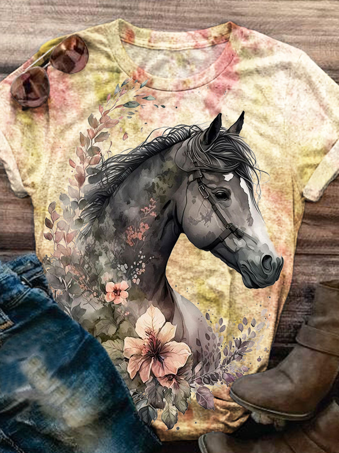 Floral Horse Print Casual Top