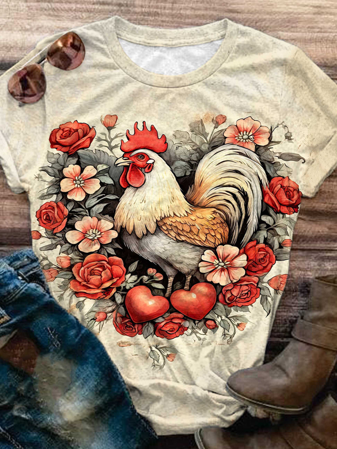Vintage Rustic Rooster Hearts Crew Neck T-Shirt