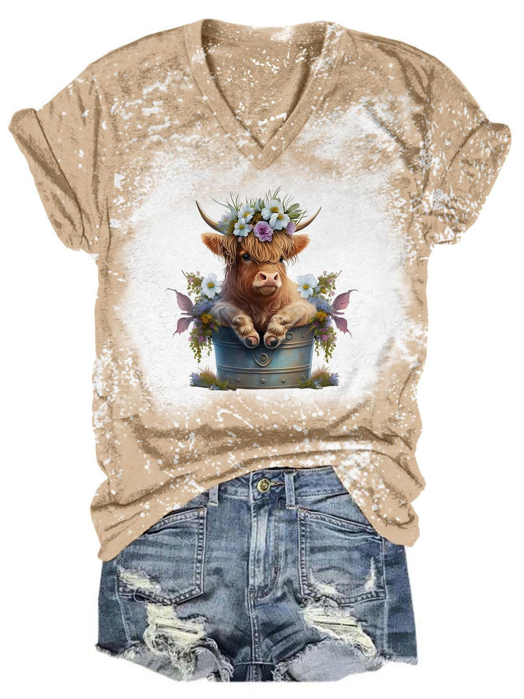 Flower Babe Highland Cow Tie Dye V Neck T-Shirt