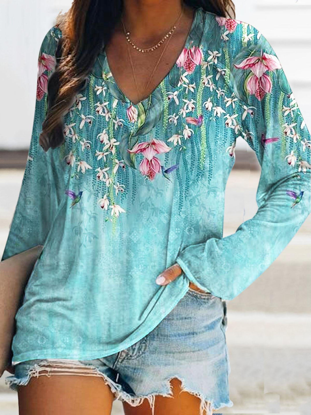 Watercolor Floral Print V-Neck Long Sleeve T-Shirt