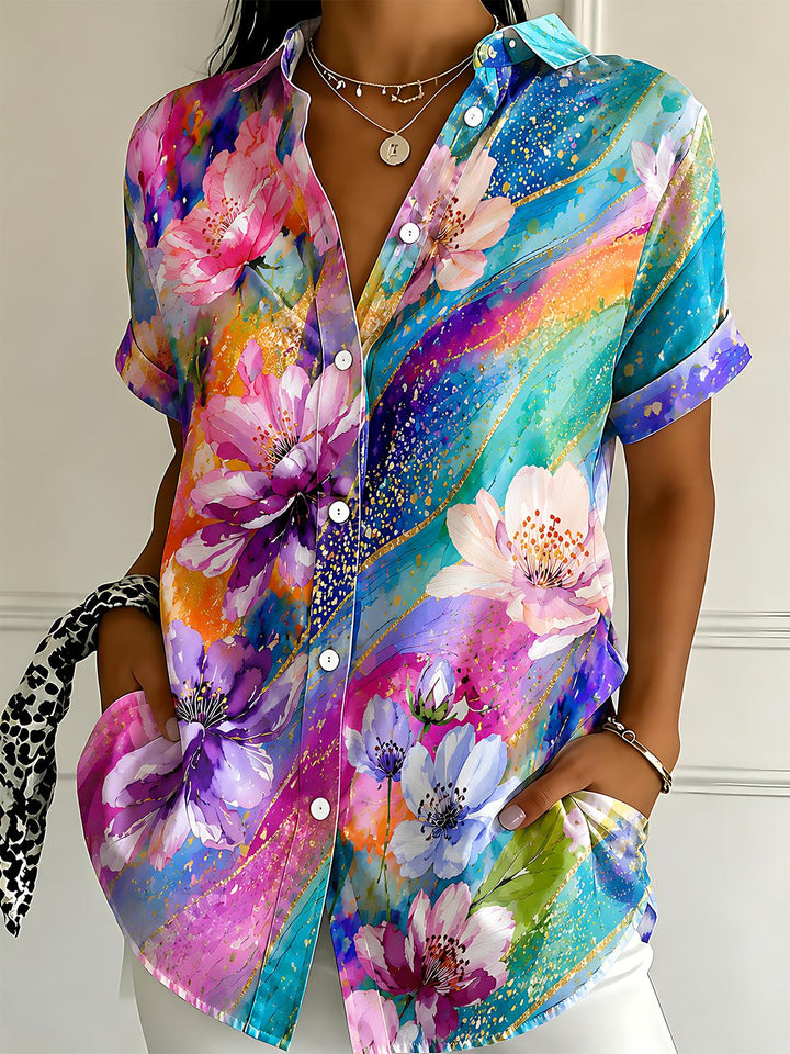 Art Gilding Watercolor Floral Women's Short Sleeve Shirts