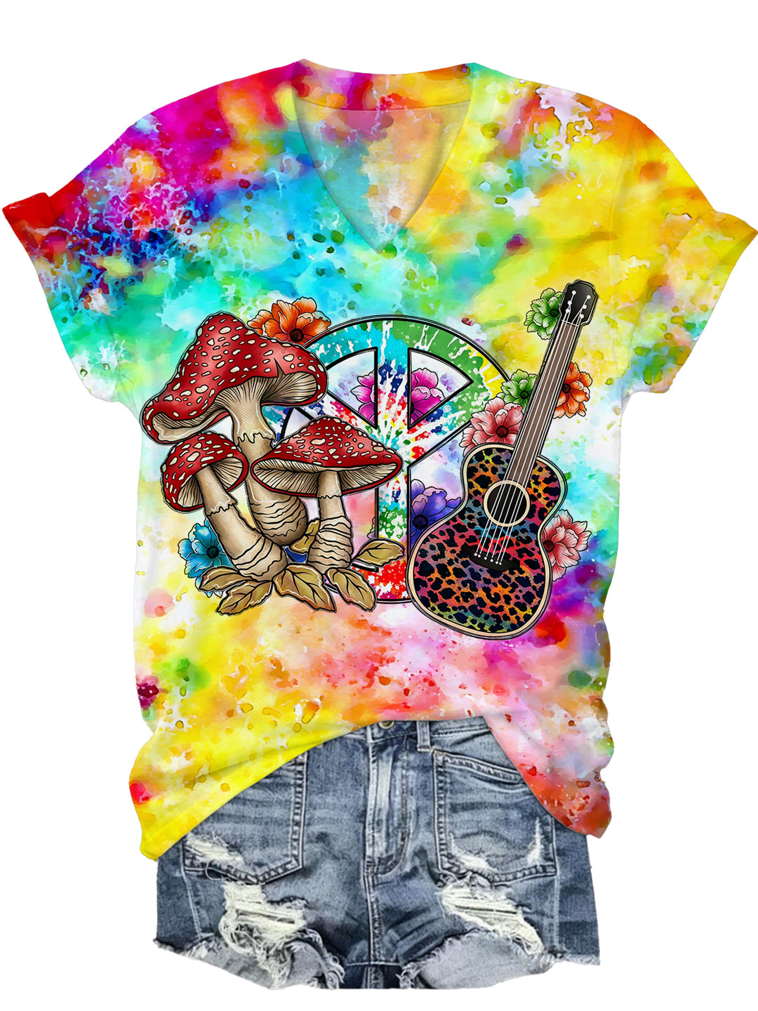 Hippie Peace Sign Mushroom Guitar Print Women's Short Sleeve V Neck T-Shirt