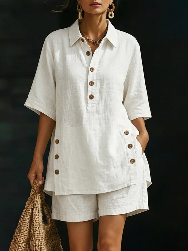 Women’s Linen Shirt & Shorts Two-Piece Set – Casual Cozy Loose-fitting Button-Up Summer Outfit
