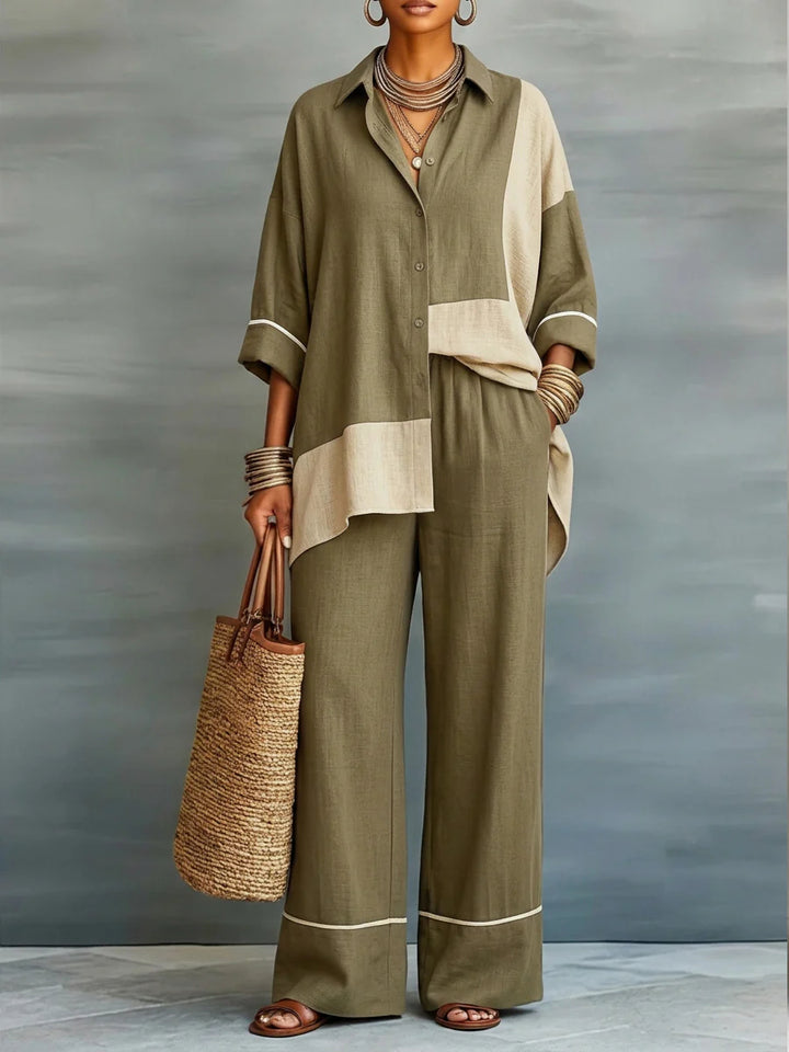Casual Color-blocked Linen And Cotton Shirt And Trousers Two-piece Set