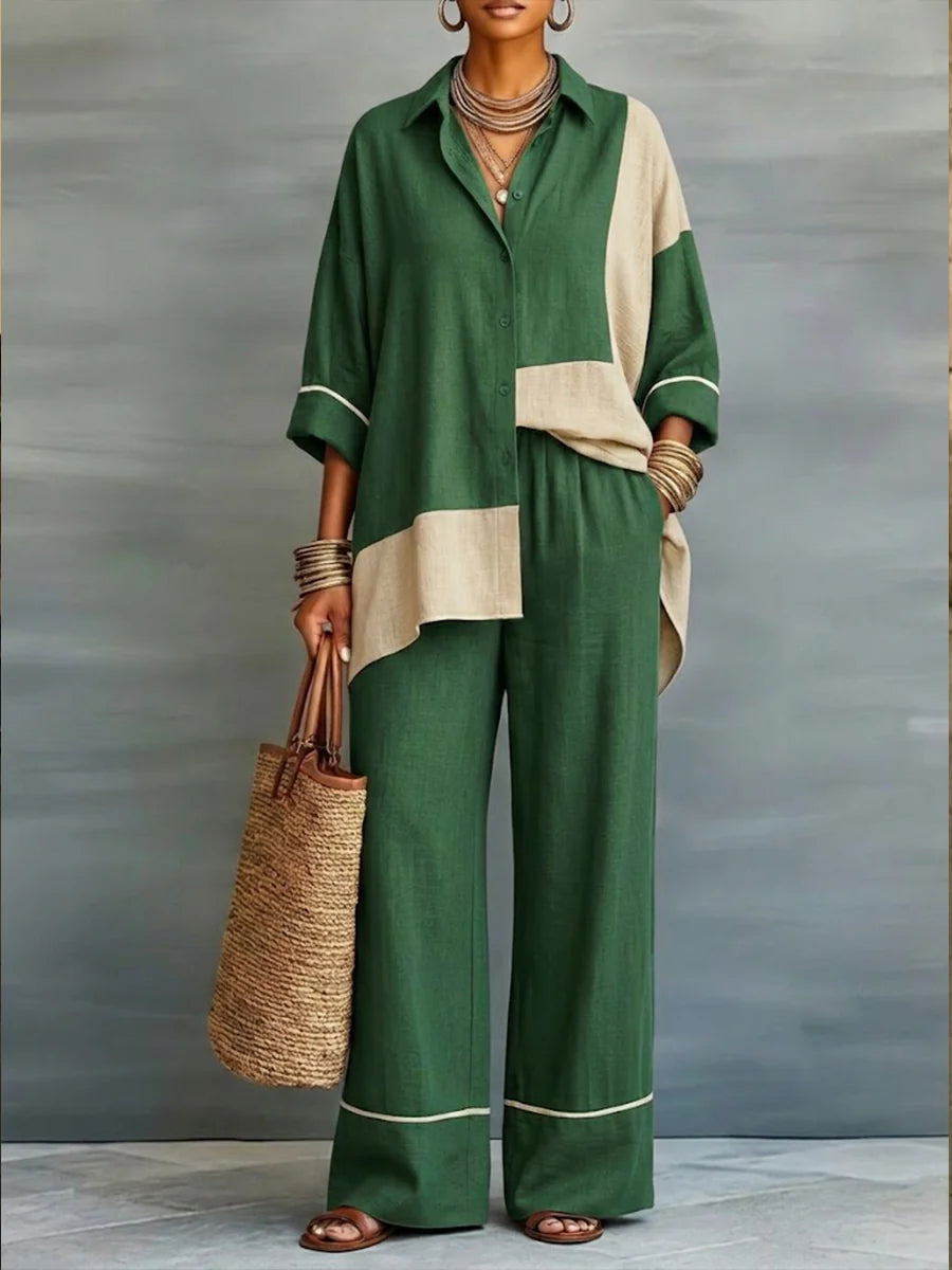 Casual Color-blocked Linen And Cotton Shirt And Trousers Two-piece Set