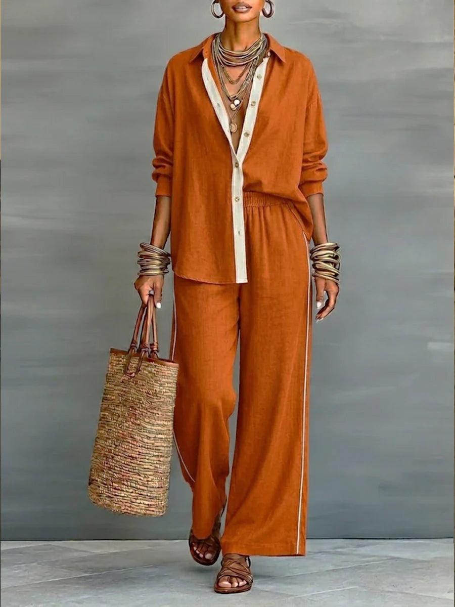 Casual Linen And Cotton Shirt And Wide-leg Pants Two-piece Set