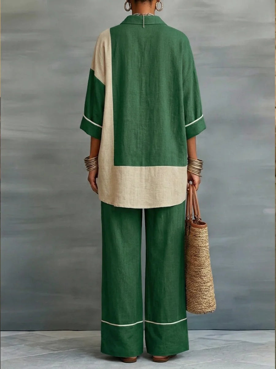 Casual Color-blocked Linen And Cotton Shirt And Trousers Two-piece Set