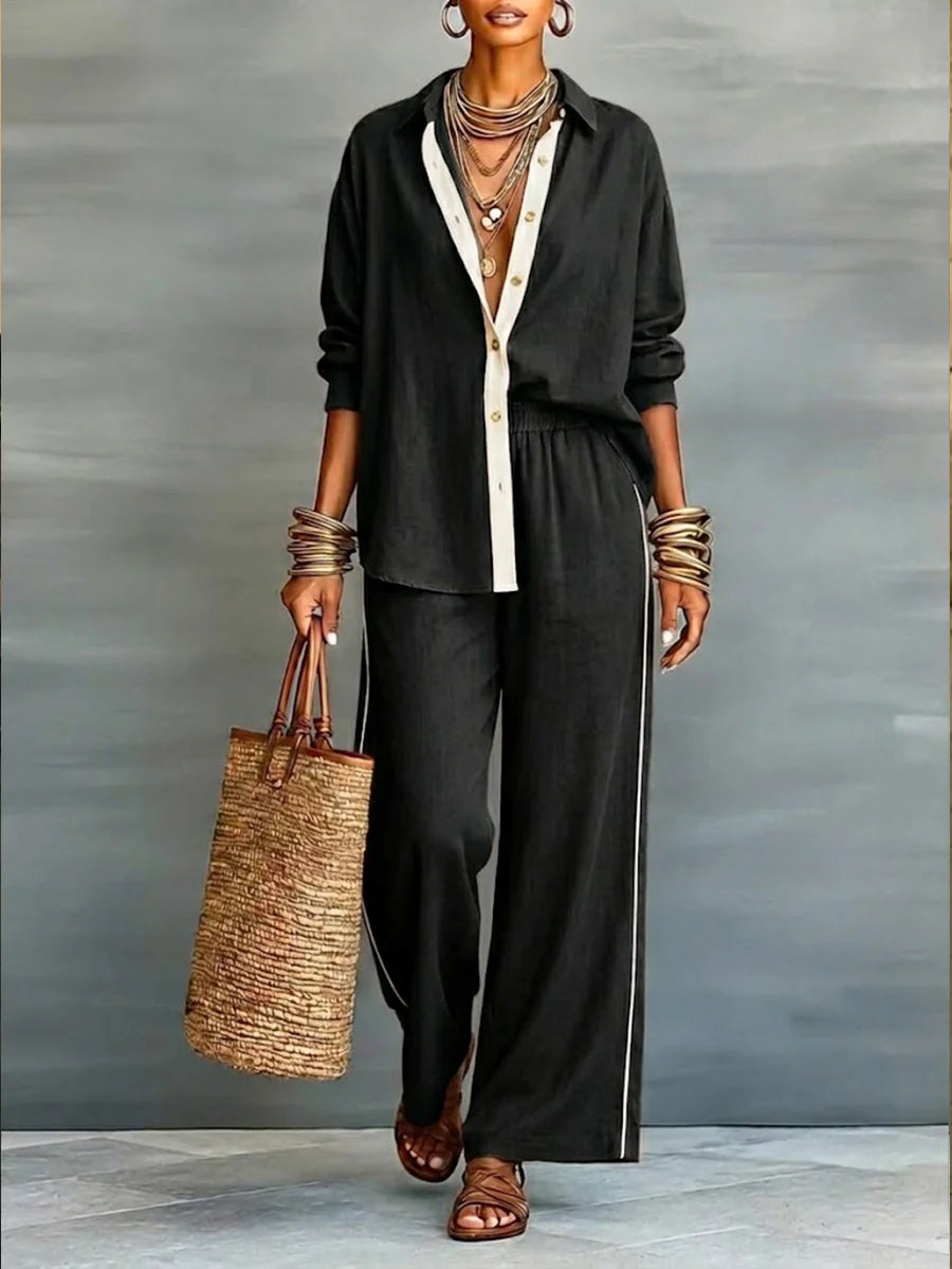 Casual Linen And Cotton Shirt And Wide-leg Pants Two-piece Set