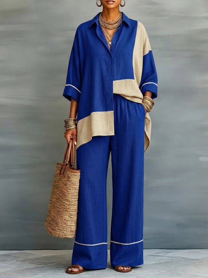 Casual Color-blocked Linen And Cotton Shirt And Trousers Two-piece Set