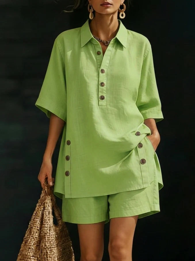 Women’s Linen Shirt & Shorts Two-Piece Set – Casual Cozy Loose-fitting Button-Up Summer Outfit