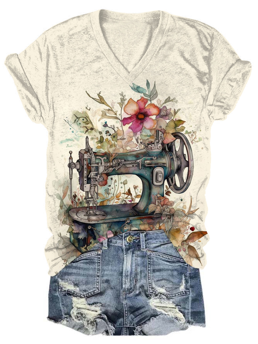 Women's Sewing Machine Floral Print Retro Top