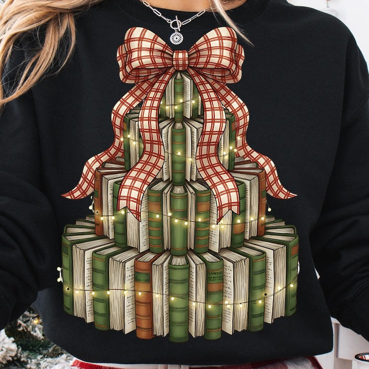Christmas Book Tree Printed Long Sleeve Casual Top