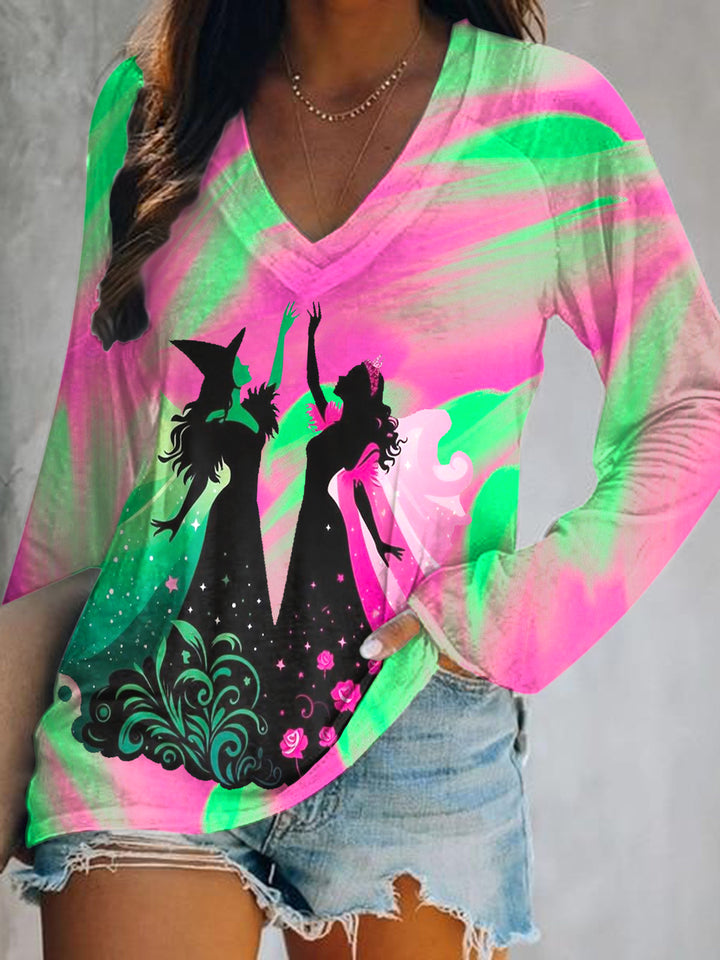 Witch Movie Tie-Dye Print V-Neck Long Sleeve Top