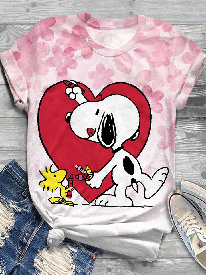 Cartoon Valentine's Day Print Crew Neck T-Shirt