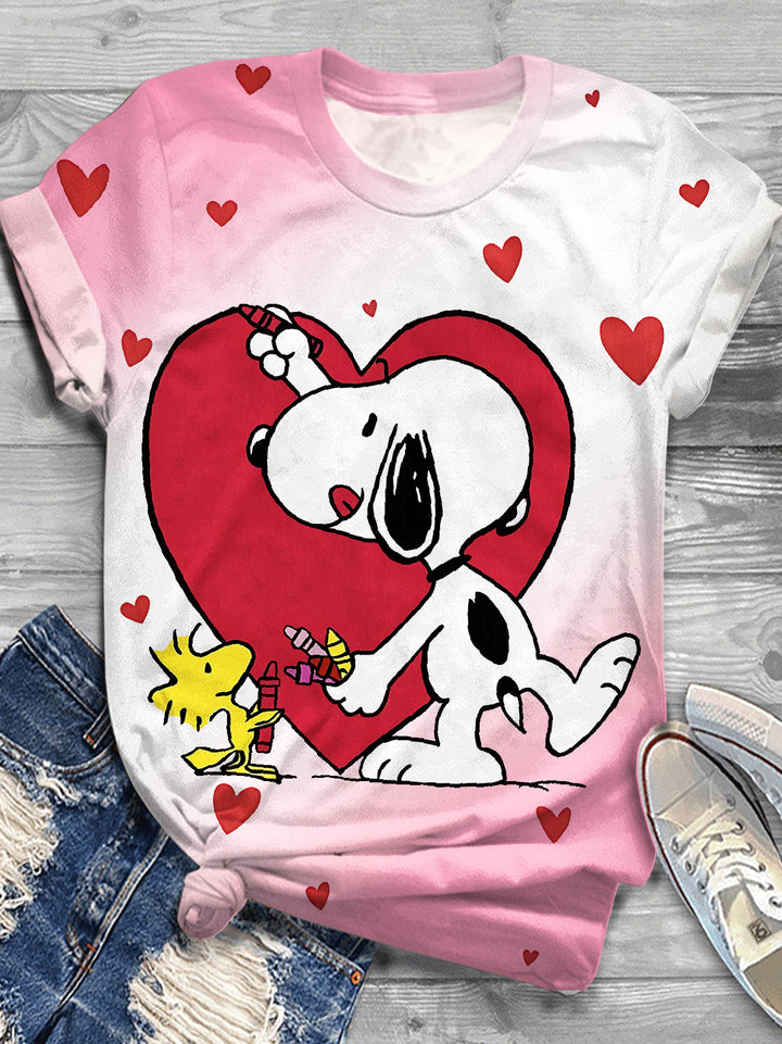 Cartoon Valentine's Day Print Crew Neck T-Shirt