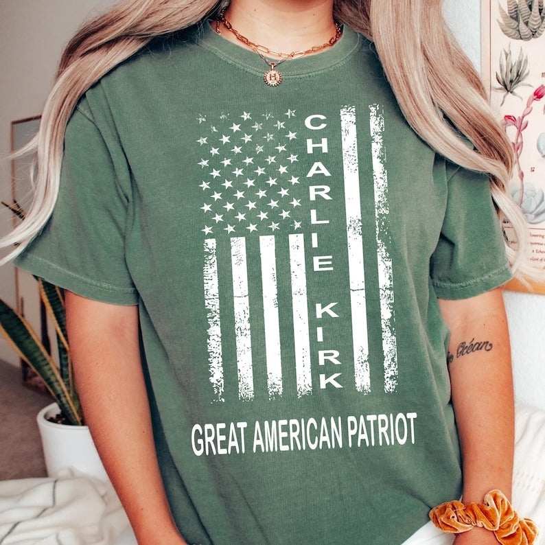 Patriotic Charlie Kirk Washed Cotton Crew Neck T-Shirt