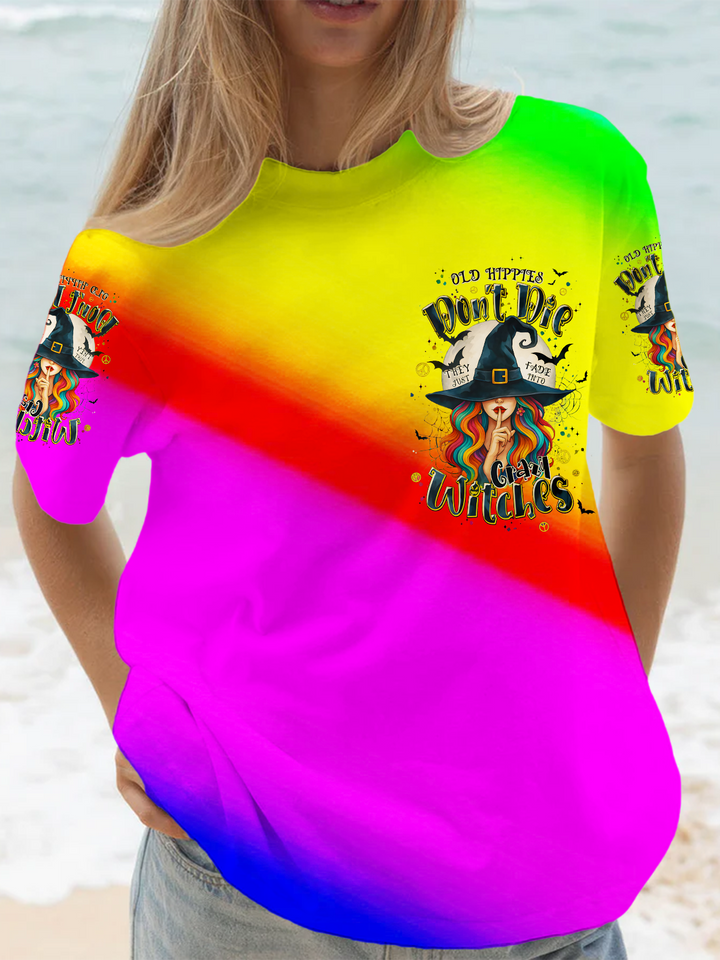 Colorful Hippie Witch Halloween Art Crew Neck T-shirt