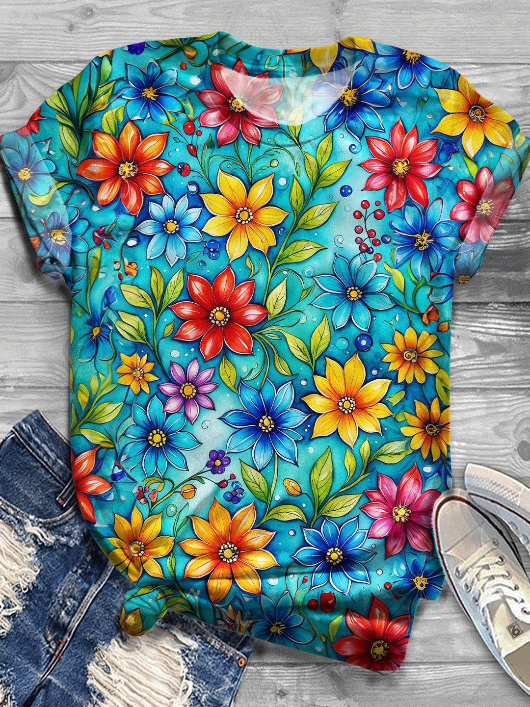 Spring Summer Floral Print Crew Neck T-shirt