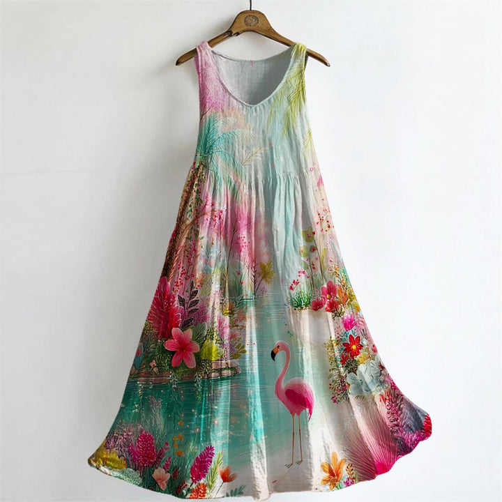 Purple Blue Watercolor Dragonfly V-Neck Slub Sleeveless Dress