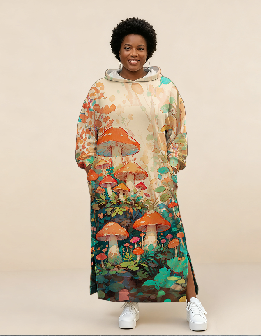 Vintage Hippie Mushrooms  Print Hooded Dress