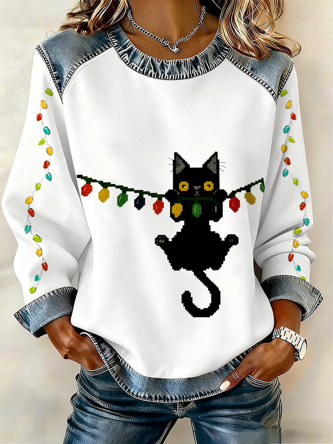 Women's Funny Christmas Cat Raglan Spliced Crew Neck Sweatshirt