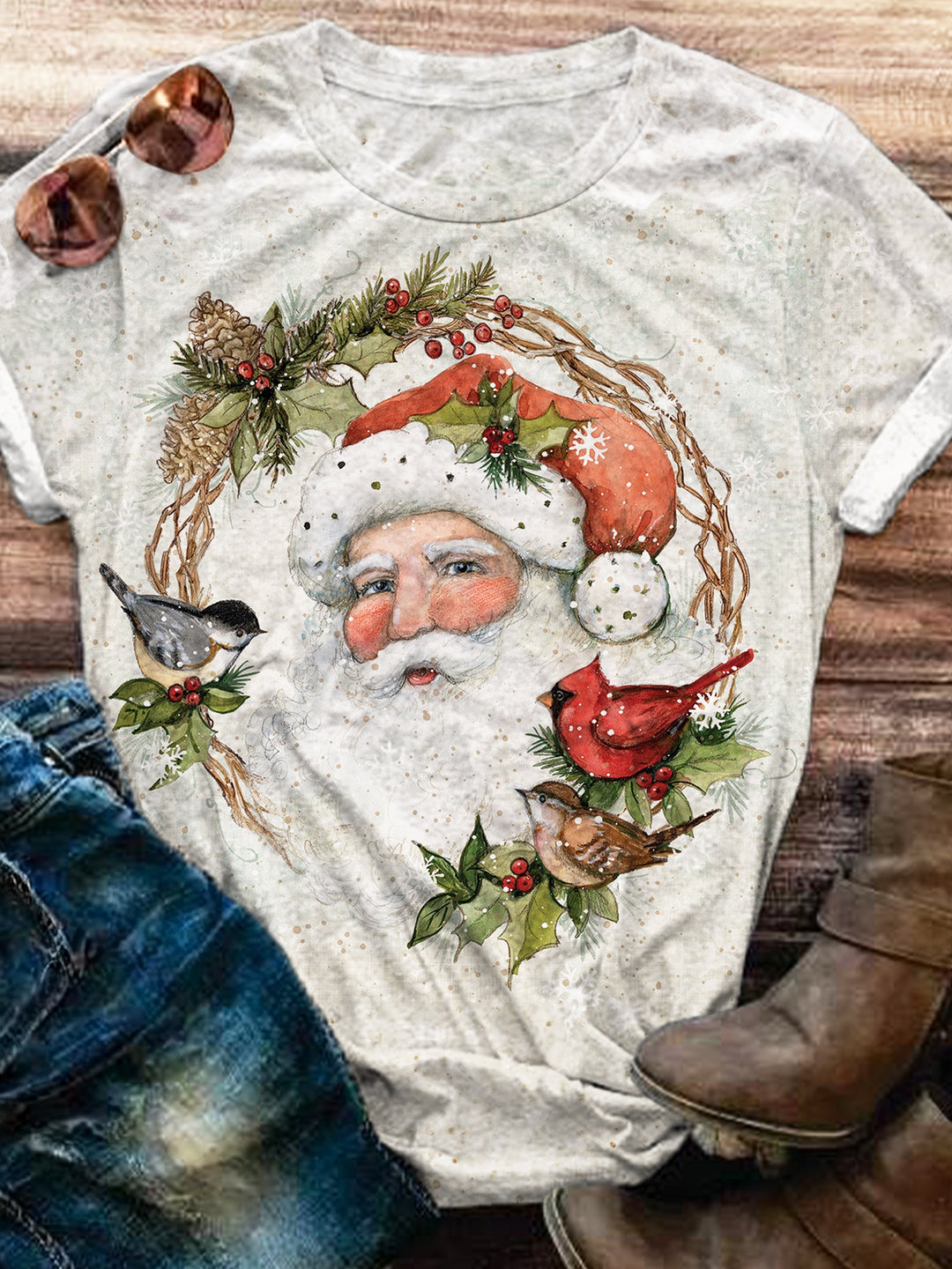Santa Bird Wreath Crew Neck T-shirt
